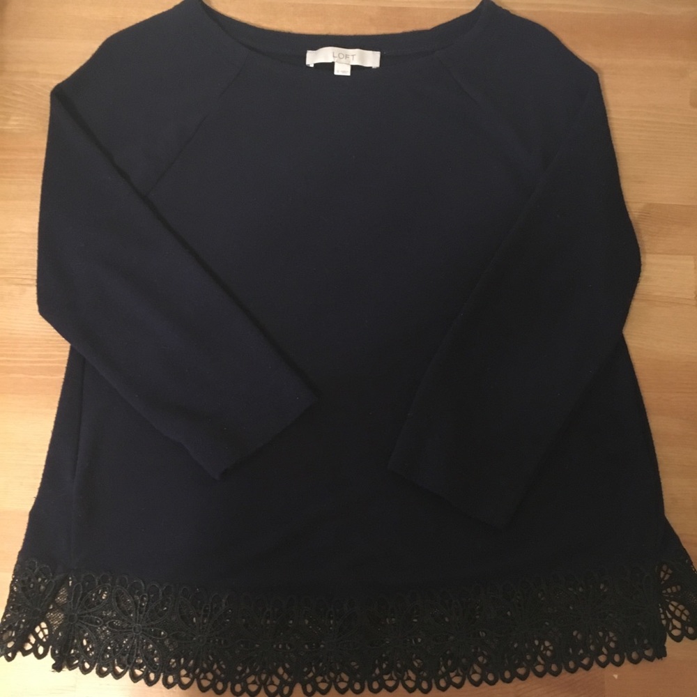 LOFT Navy Blue 3/4 Sleeve Flower Detail Hem Top